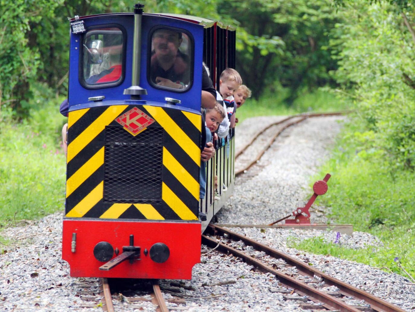 A small, colorful train with yellow and black stripes on the front travels along a narrow track in a green, wooded area. Children and an adult lean out of the windows, looking excited as the train moves forward.